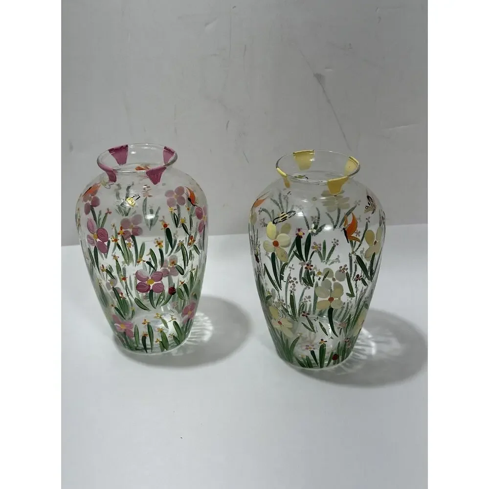 Set Of 2 Vintage Small Hand‎ Painted Floral Clear Glass Vase Signed K. LaRussa